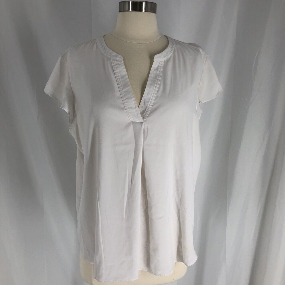 Calvin Klein Women's XL White Textured V-Neck Pleated Cap Sleeve Pullover Blouse
